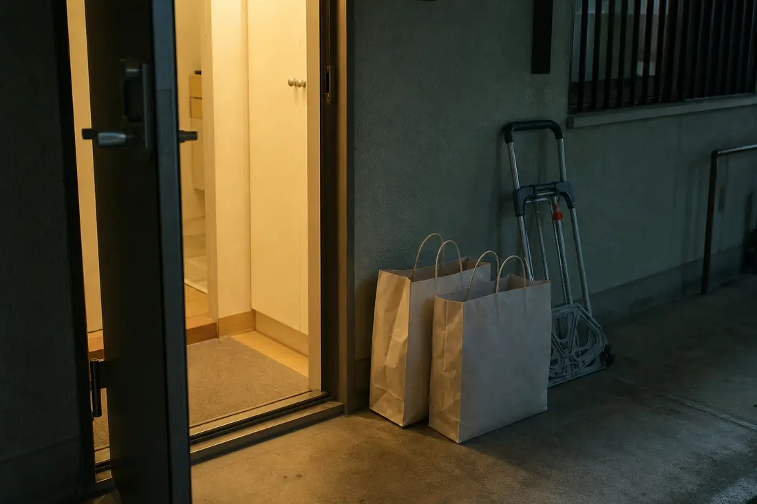 住宅街の路上でキャリーカートを押しながら歩いている、運営者の後ろ姿の写真