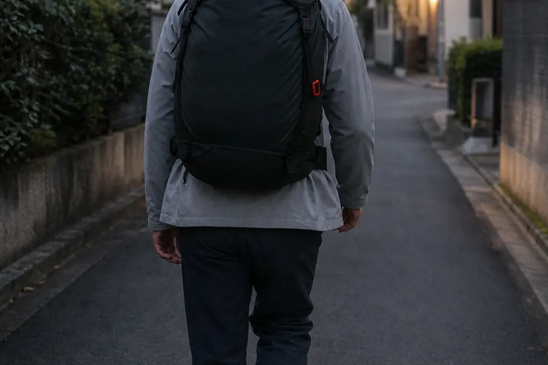 住宅街の外階段を、大容量バックパックを背負って上っている人の後ろ姿の写真