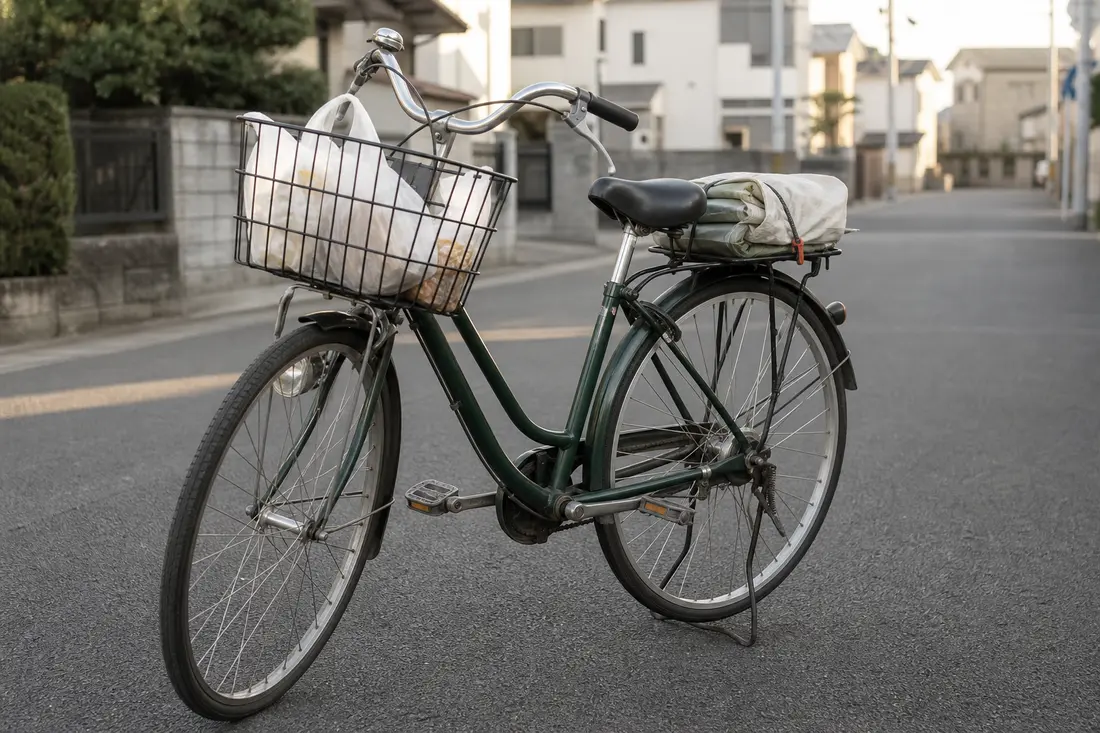 自転車の前カゴに保冷バッグが積まれ、荷締めベルトで固定されている写真